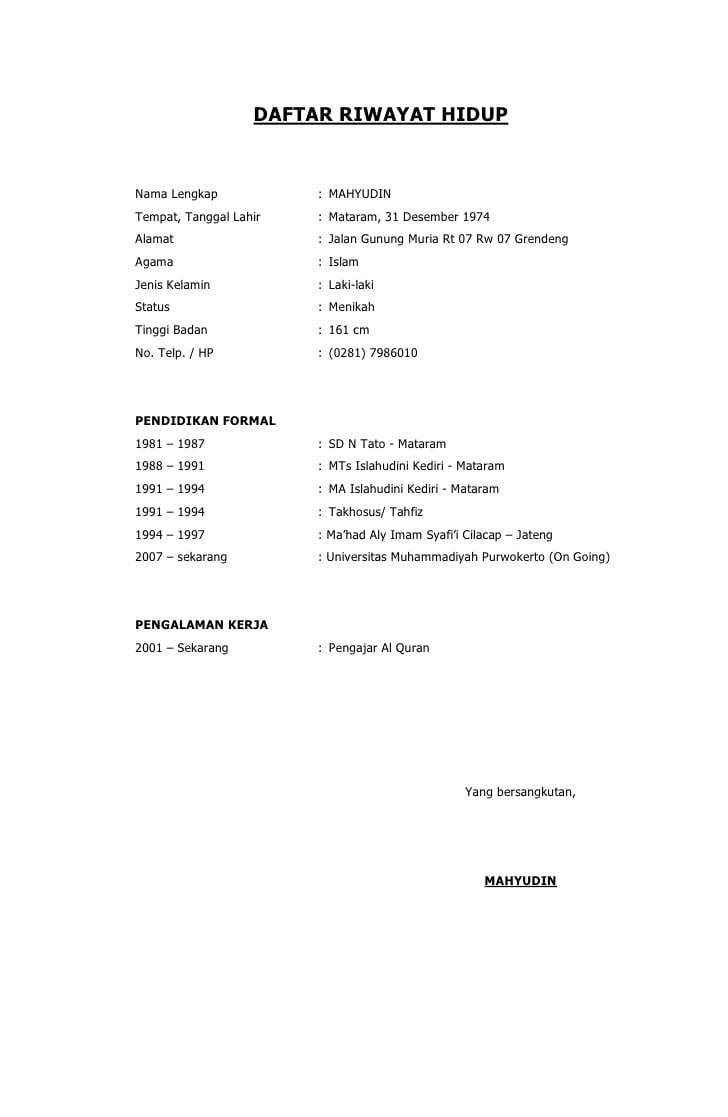 Detail Contoh Surat Riwayat Hidup Untuk Melamar Pekerjaan Nomer 35