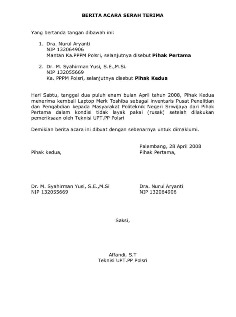 Download Contoh Surat Serah Terima Barang Inventaris Kantor Nomer 2