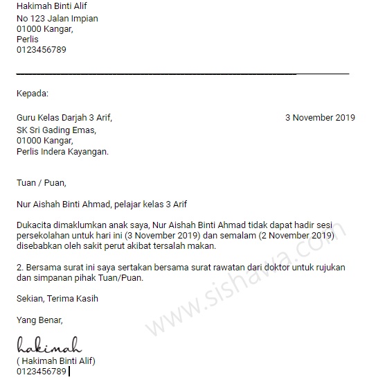 Contoh Surat Tidak Hadir Sekolah