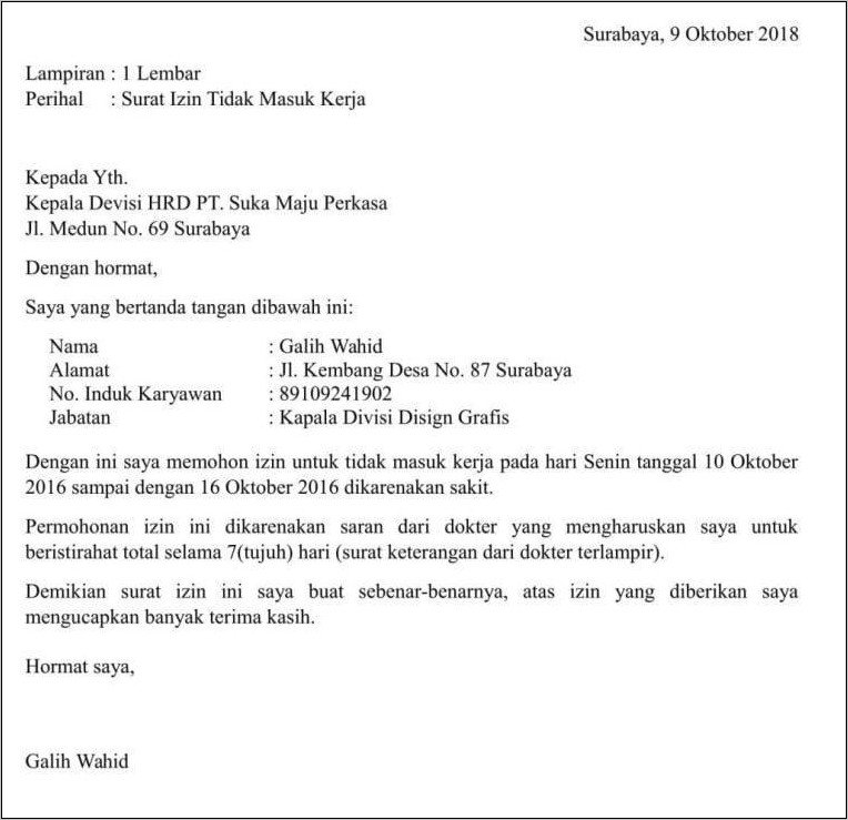 Detail Contoh Surat Tidak Masuk Kerja Nomer 25