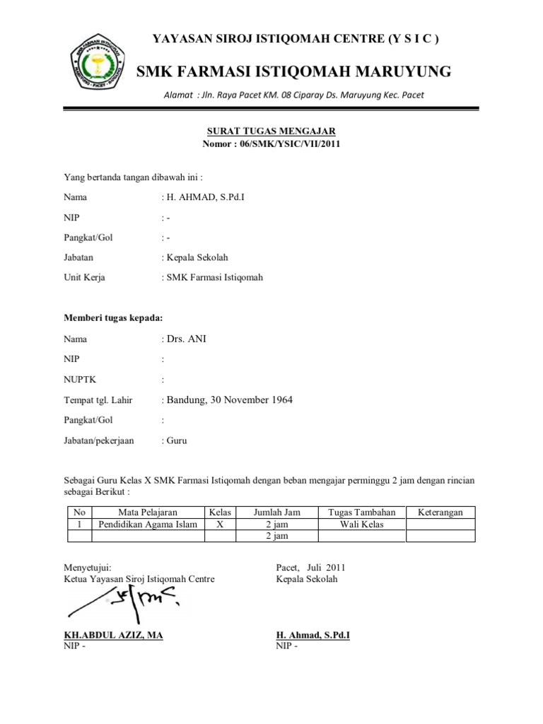 Detail Contoh Surat Tugas Guru Doc Nomer 15