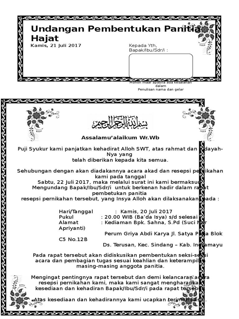 Detail Contoh Surat Undangan Panitia Pernikahan Nomer 9