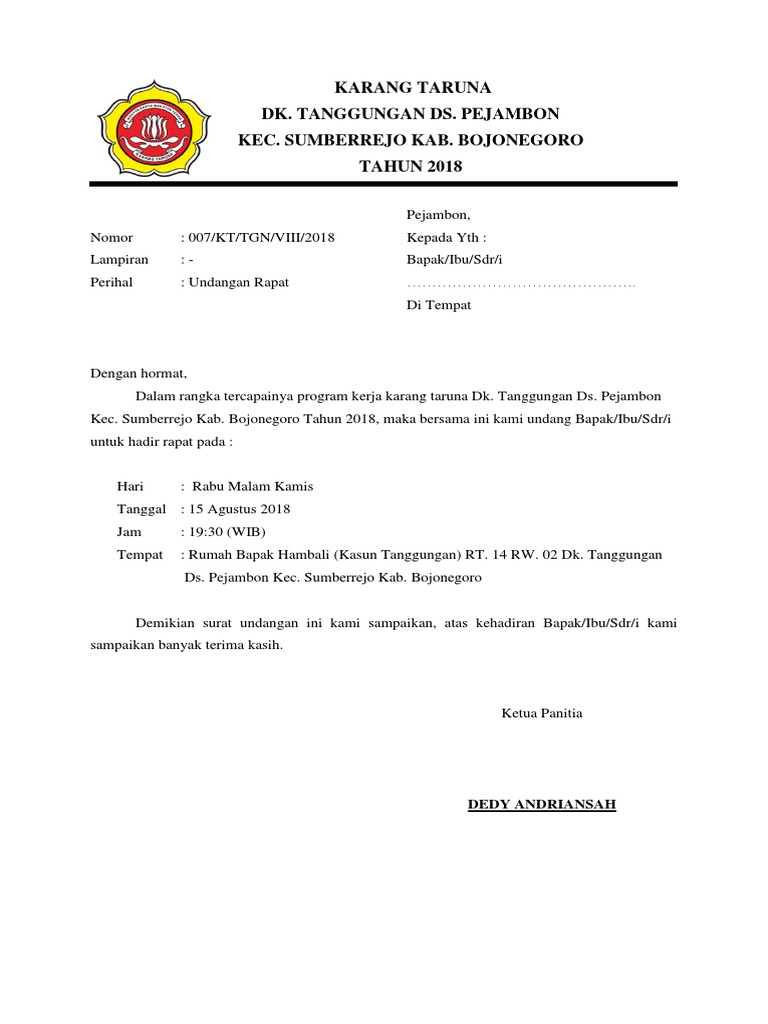 Halaman Unduh untuk file Contoh Surat Undangan Rapat Karang Taruna yang