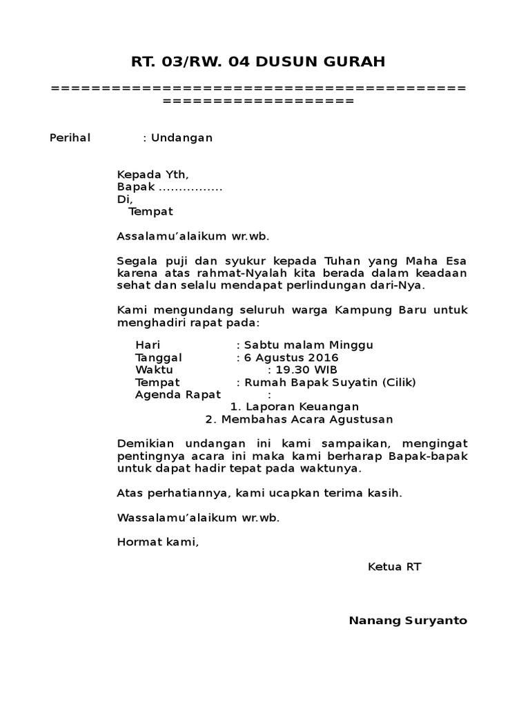 Detail Contoh Surat Undangan Rt Untuk Warga Nomer 3