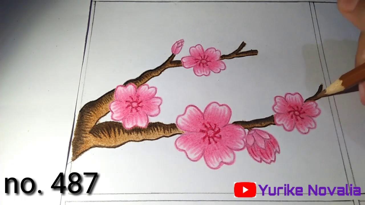 Detail Gambar Pemandangan Bunga Sakura Dengan Pensil Warna Nomer 3