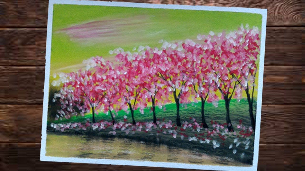 Detail Gambar Pemandangan Bunga Sakura Dengan Pensil Warna Nomer 7