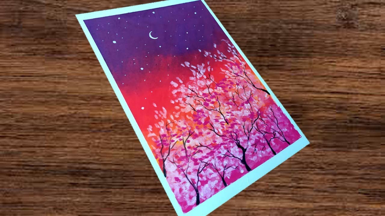 Detail Gambar Pemandangan Bunga Sakura Dengan Pensil Warna Nomer 10