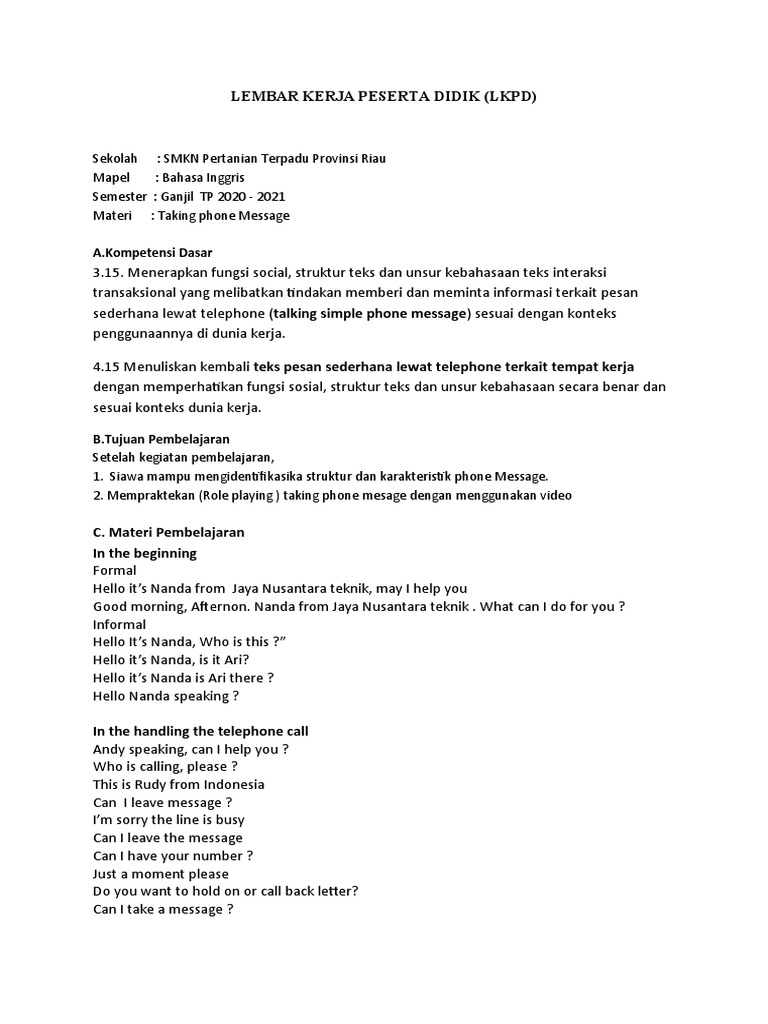 Detail Contoh Taking Simple Phone Message Nomer 26