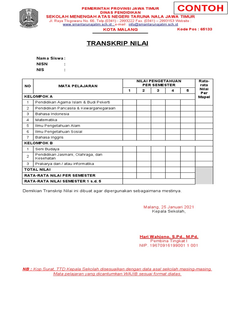 Detail Contoh Transkrip Nilai Nomer 48