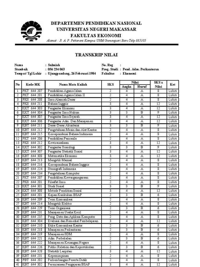 Detail Contoh Transkrip Nilai Smk Nomer 10