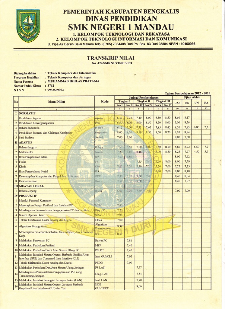 Detail Contoh Transkrip Nilai Smk Nomer 13