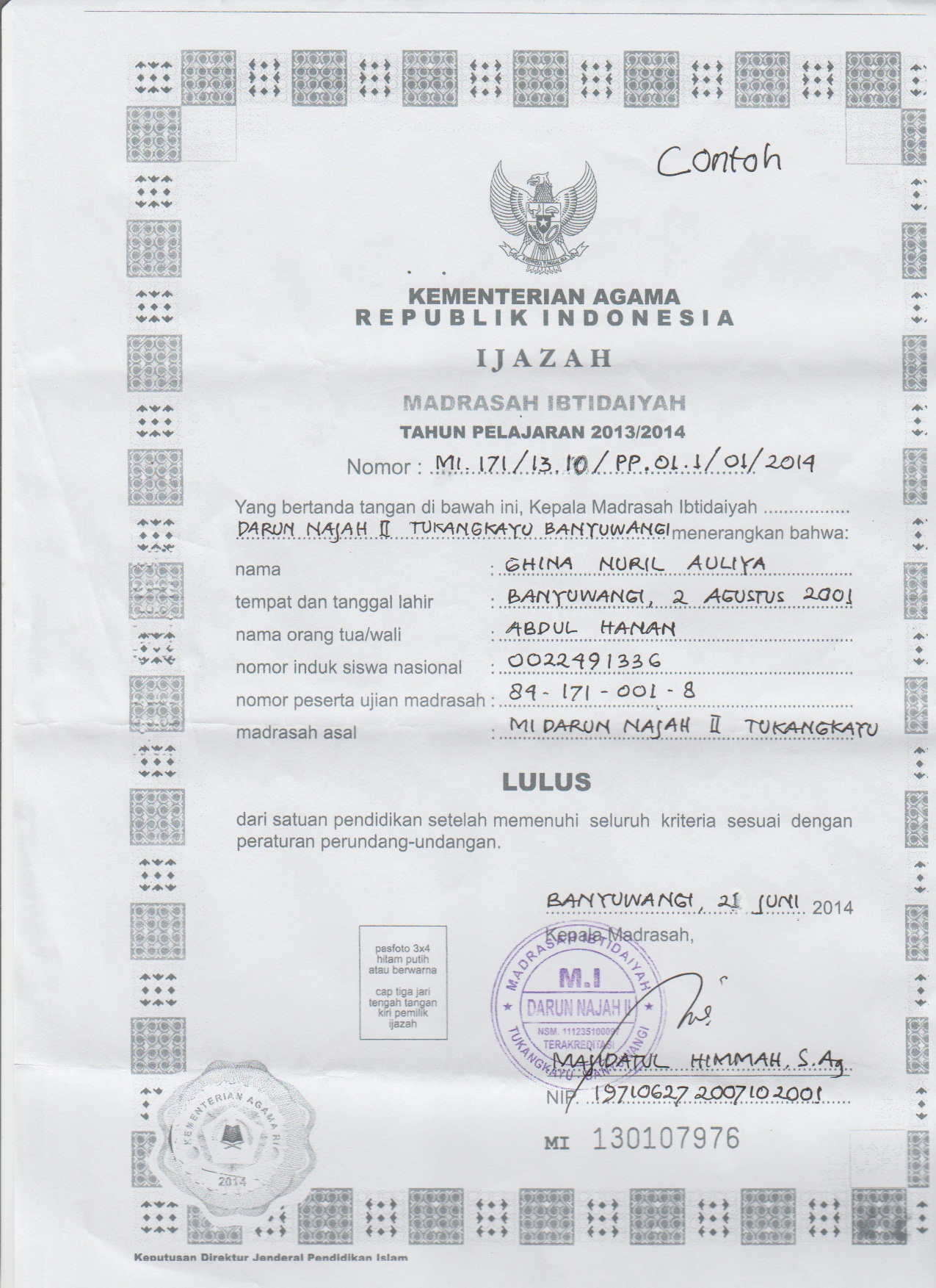 Detail Contoh Tulisan Ijazah Nomer 10