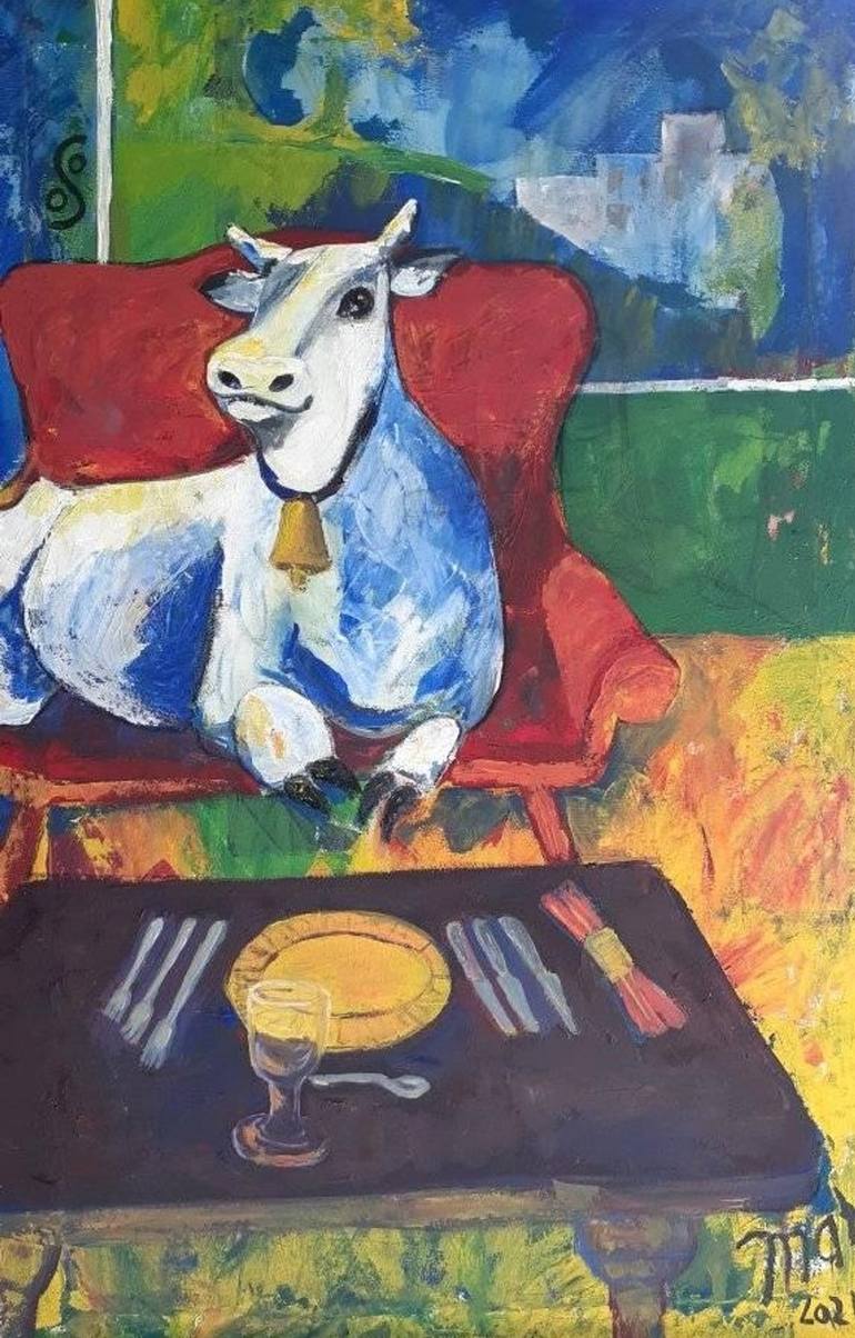 Detail Cow On Sofa Painting Nomer 6