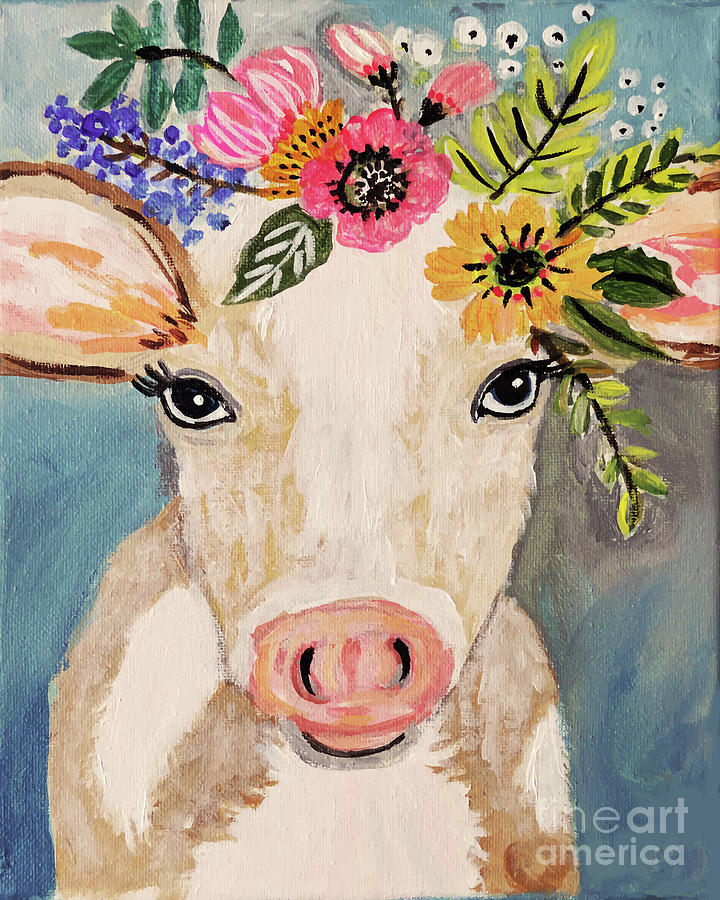 Detail Cow With Flower Crown Painting Nomer 5
