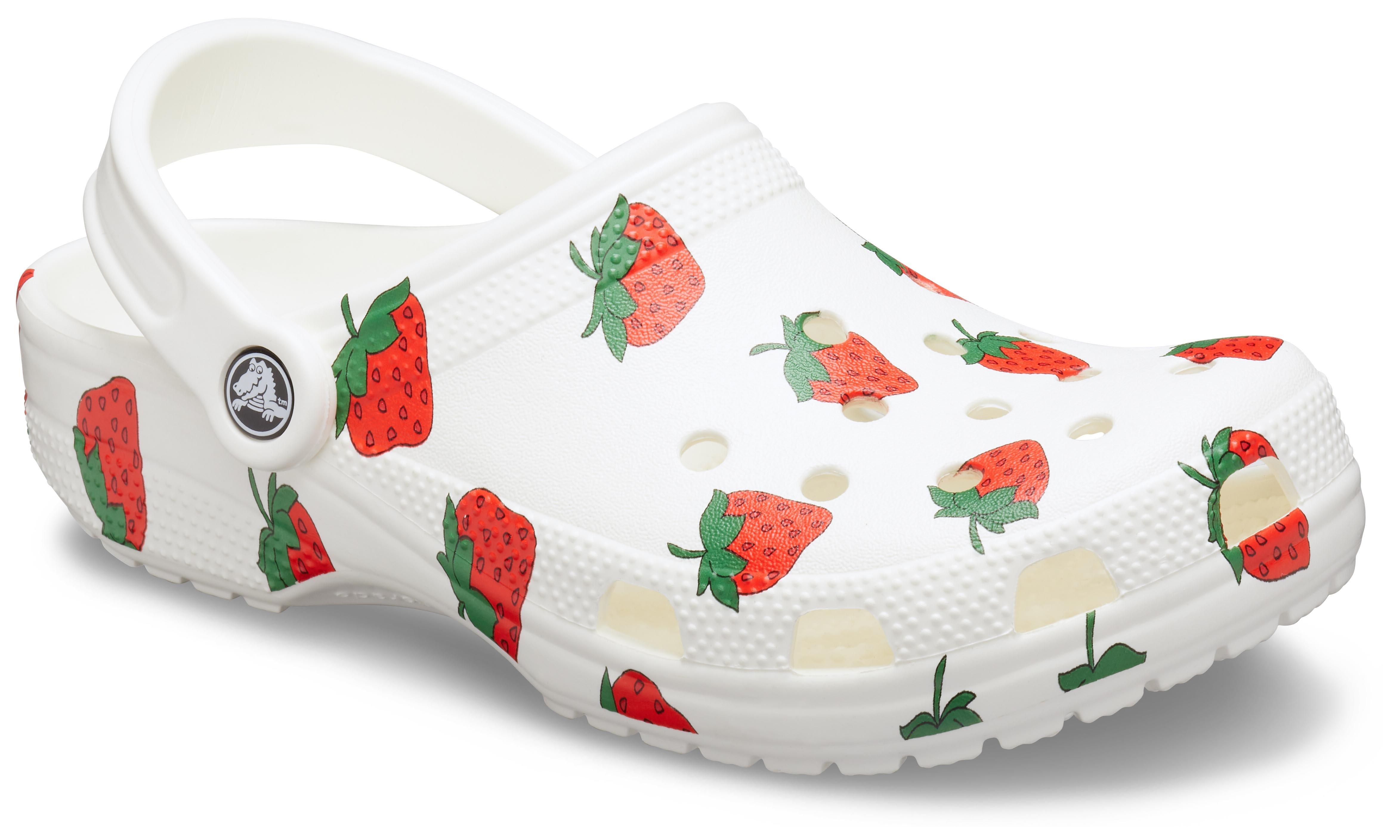 white crocs with strawberries