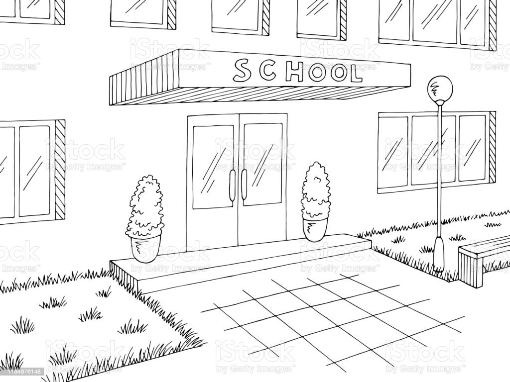 Bangunan Eksterior Sekolah Grafis Hitam Putih Sketsa Ilustrasi Vektor Ilustrasi Stok - Unduh Gambar Sekarang - Istock