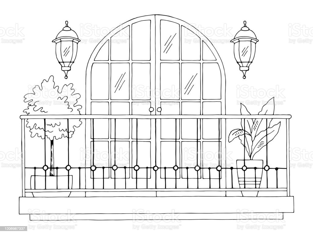 Balkon Eksterior Grafis Hitam Putih Sketsa Ilustrasi Vektor Ilustrasi Stok - Unduh Gambar Sekarang - Istock