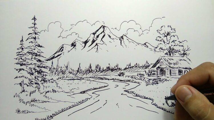 Detail Gambar Sketsa Pemandangan Gunung Dan Sawah Nomer 23