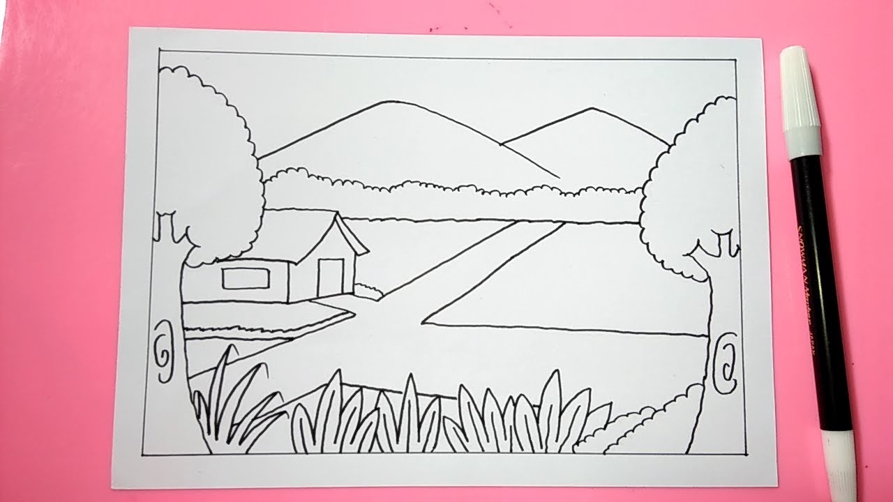 Detail Gambar Sketsa Pemandangan Gunung Dan Sawah Nomer 24