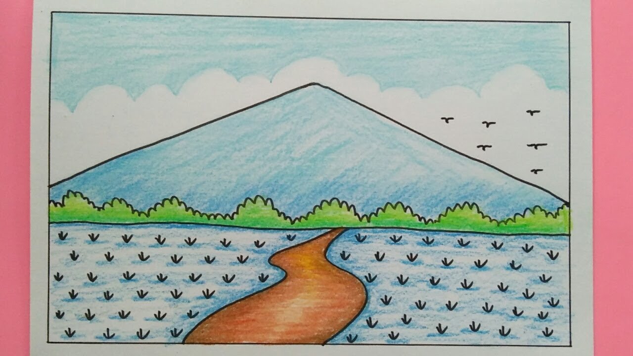 Detail Gambar Sketsa Pemandangan Gunung Dan Sawah Nomer 7