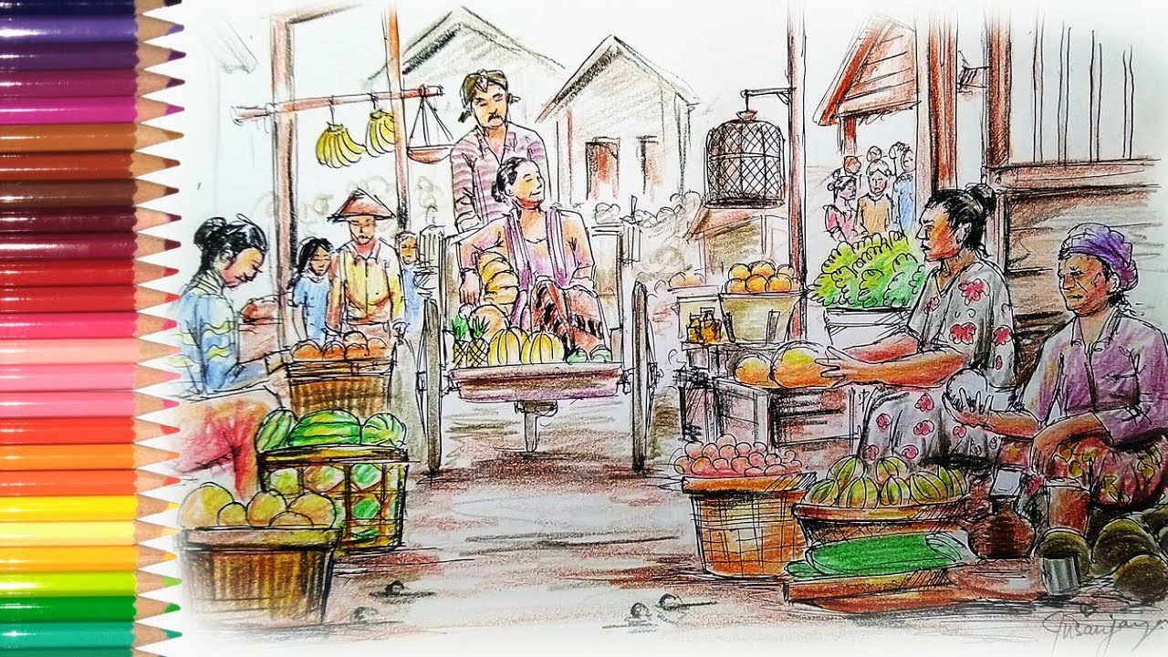 Gambar Sketsa Suasana Pasar - 55+ Koleksi Gambar