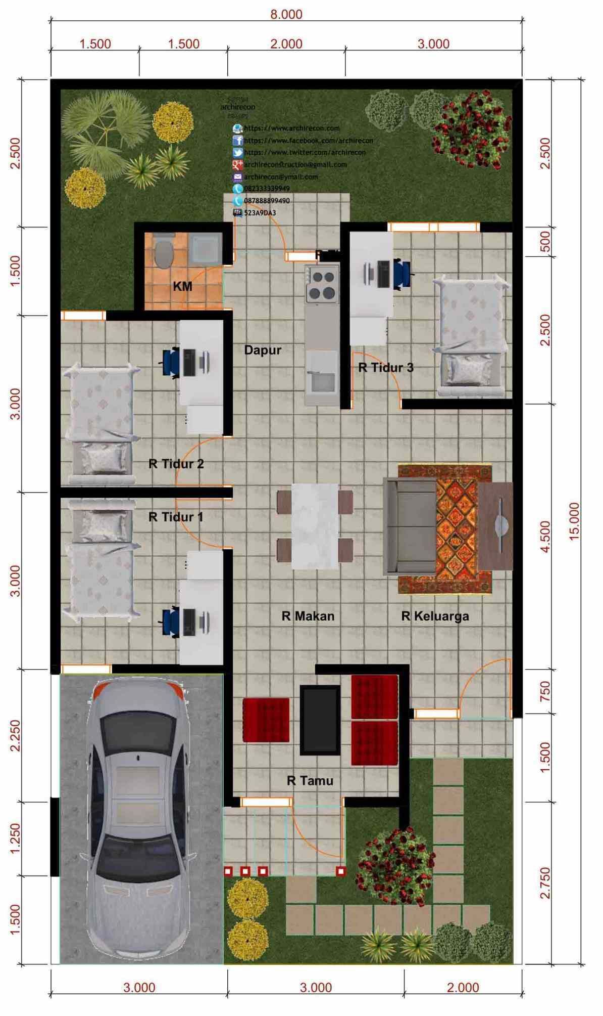 Denah Rumah 8x14 3 Kamar - KibrisPDR