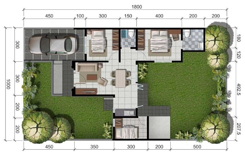 Detail Denah Rumah Dengan Taman Di Tengah Nomer 3