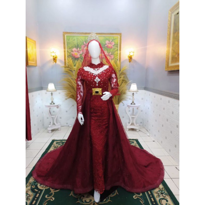 Detail Gaun Pengantin Merah Hijab Nomer 10