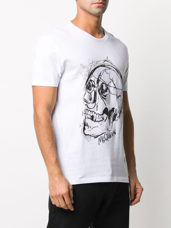 Detail Mens White Organic Cotton Graffiti Skull Print T Shirt Nomer 5