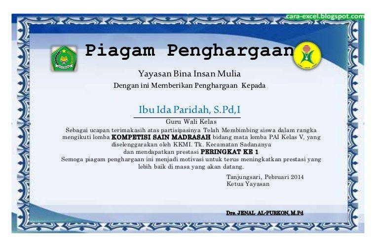 Detail Contoh Format Piagam Penghargaan Juara Kelas Nomer 21