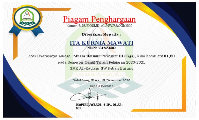 Detail Contoh Piagam Juara Umum Kelas Nomer 2