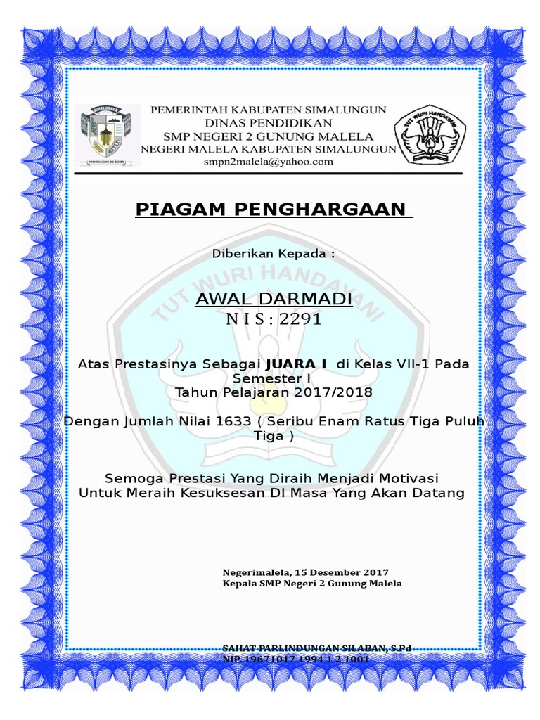 Detail Contoh Piagam Juara Umum Kelas Nomer 13