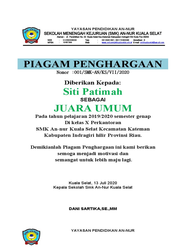 Detail Contoh Piagam Juara Umum Kelas Nomer 50