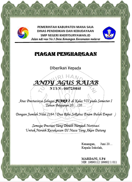 Detail Contoh Piagam Juara Umum Kelas Nomer 8