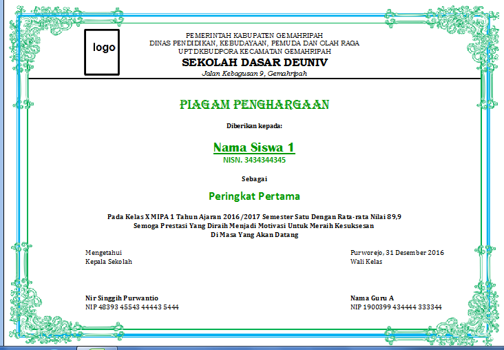 Detail Format Piagam Juara Kelas Doc Smp Nomer 23