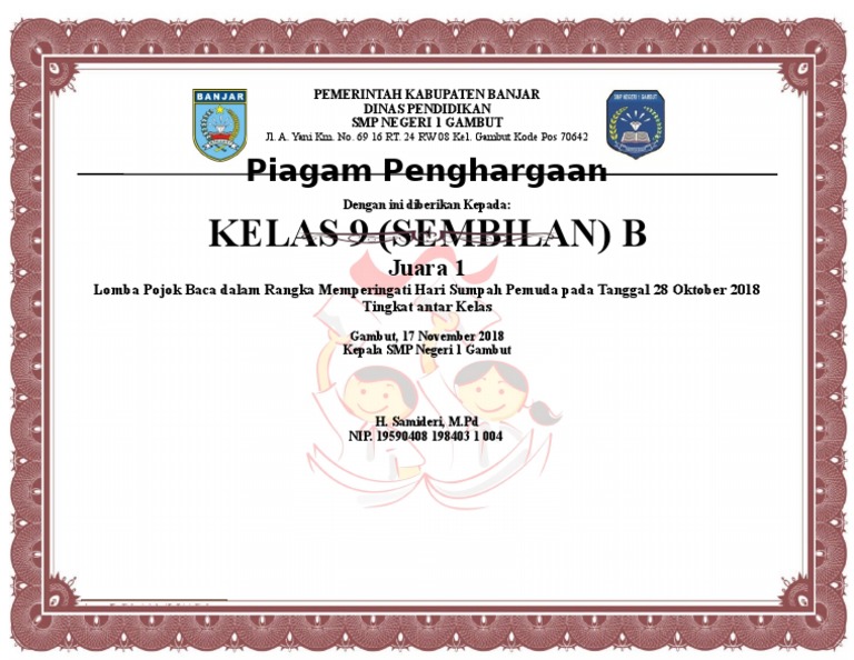 Detail Format Piagam Juara Kelas Doc Smp Nomer 54