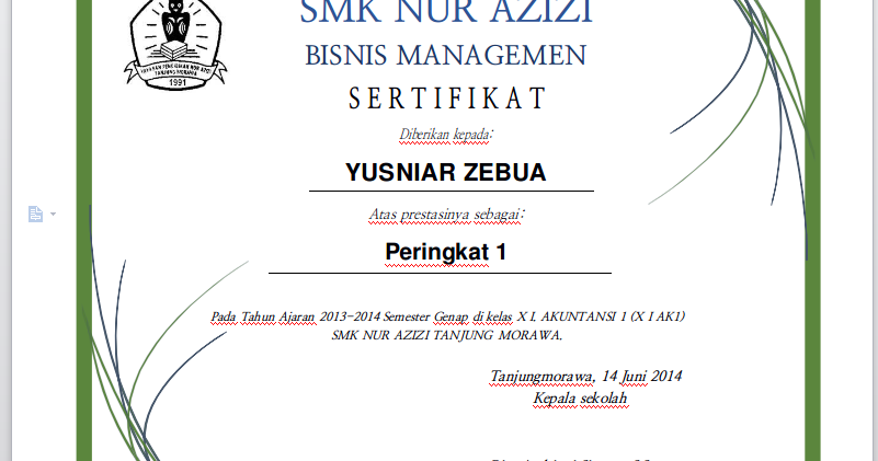 Detail Piagam Juara Kelas Diniyah Nomer 11