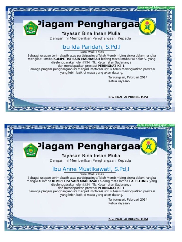 Detail Piagam Juara Kelas Excel Nomer 52