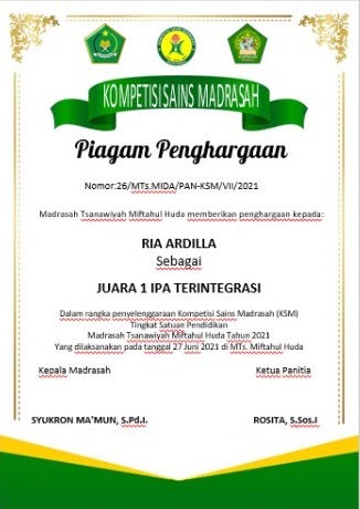 Detail Piagam Penghargaan Juara Kelas Madrasah Ibtidaiyah Nomer 9