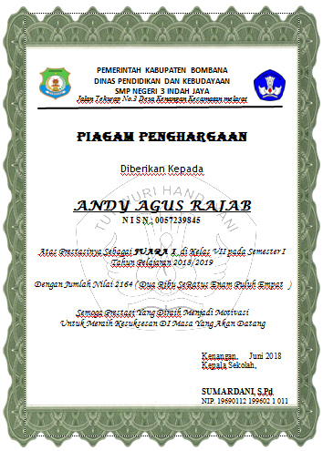 Detail Piagam Penghargaan Juara Kelas Madrasah Ibtidaiyah Nomer 11