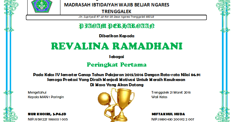 Detail Piagam Penghargaan Juara Kelas Madrasah Ibtidaiyah Nomer 20