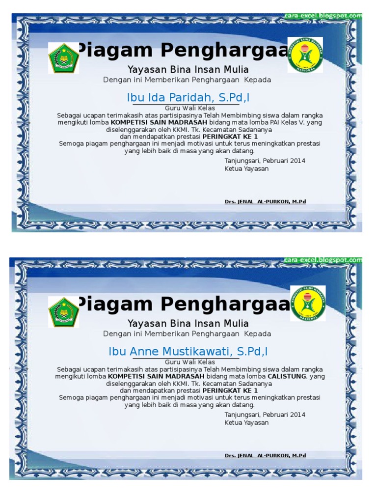 Detail Piagam Penghargaan Juara Kelas Madrasah Ibtidaiyah Nomer 28