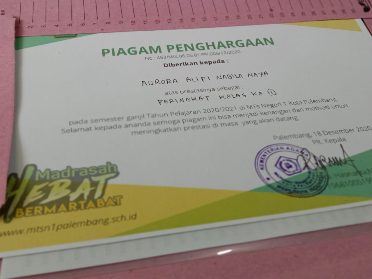 Detail Piagam Penghargaan Juara Kelas Madrasah Ibtidaiyah Nomer 2