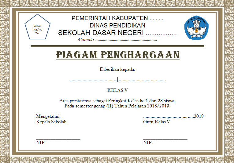 Detail Piagam Penghargaan Juara Kelas Madrasah Ibtidaiyah Nomer 3