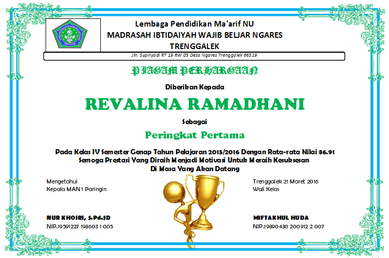 Detail Piagam Penghargaan Juara Kelas Madrasah Ibtidaiyah Nomer 5