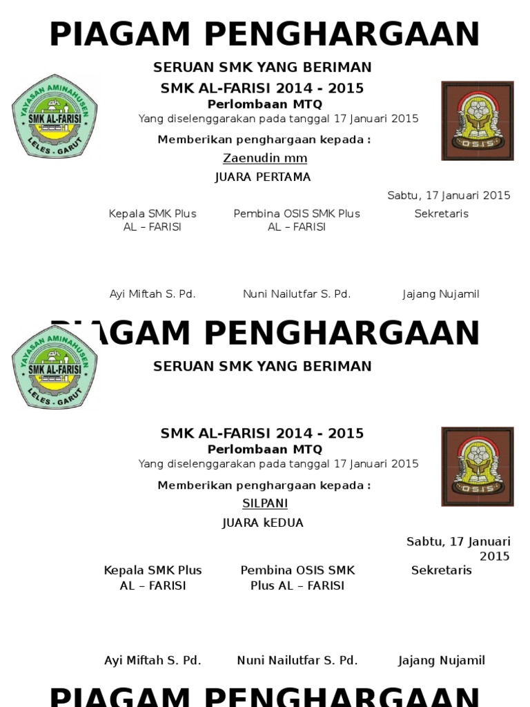 Detail Piagam Penghargaan Juara Kelas Smk Nomer 54