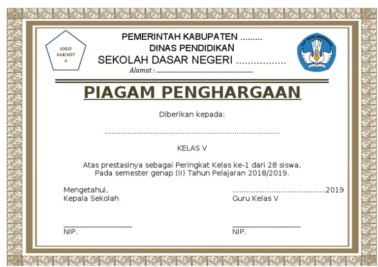 Detail Piagam Penghargaan Kejuaraan Kelas Nomer 13