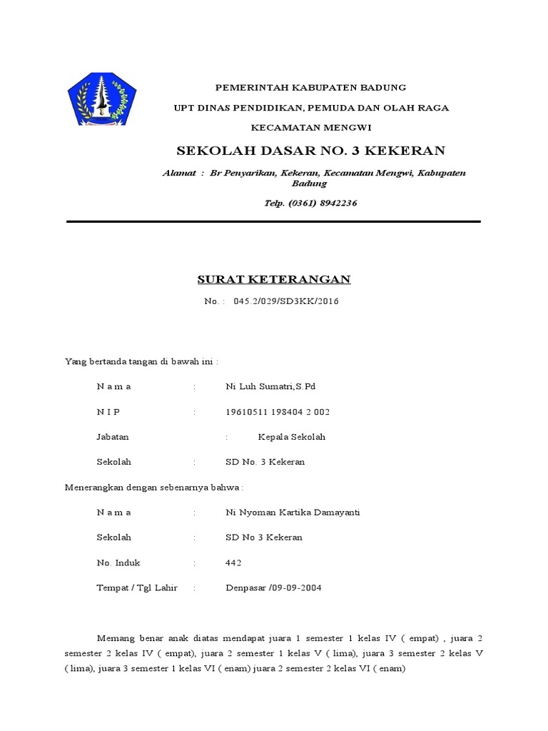 Surat Keterangan Bahwa Juara Kelas - KibrisPDR