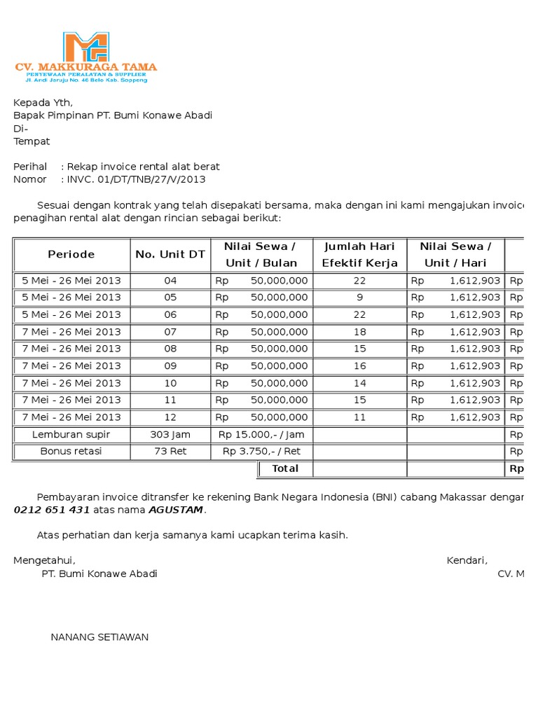 Detail Invoice Tagihan Contoh Invoice Nomer 48