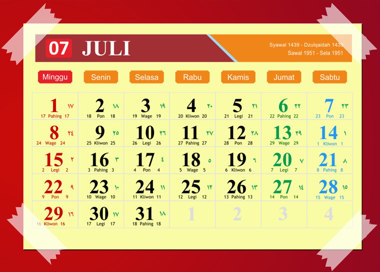 Detail Kalender Bulan Juli 2018 Nomer 2